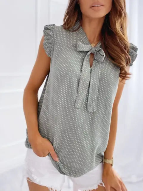 Caroline - Dames Zomerse Casual Mouwloze Blouse met Polka Dot, Ruches en Strik Detail
