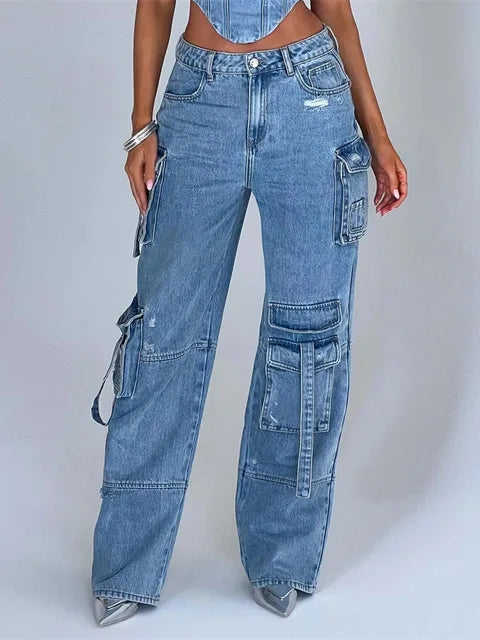 TOOS - Dames Hoge Taille Denim Wijde Been Cargo Jeans