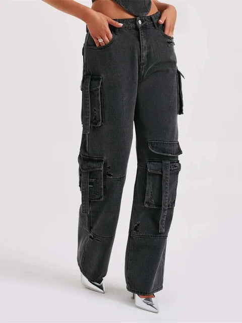 TOOS - Dames Hoge Taille Denim Wijde Been Cargo Jeans