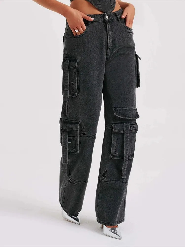 TOOS - Dames Hoge Taille Denim Wijde Been Cargo Jeans