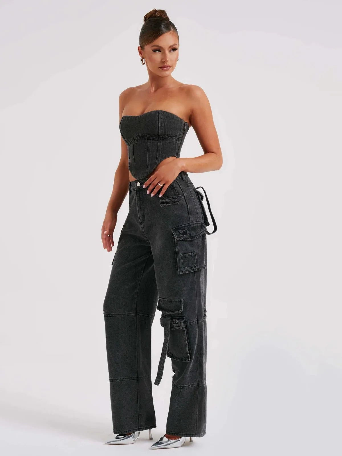 TOOS - Dames Hoge Taille Denim Wijde Been Cargo Jeans