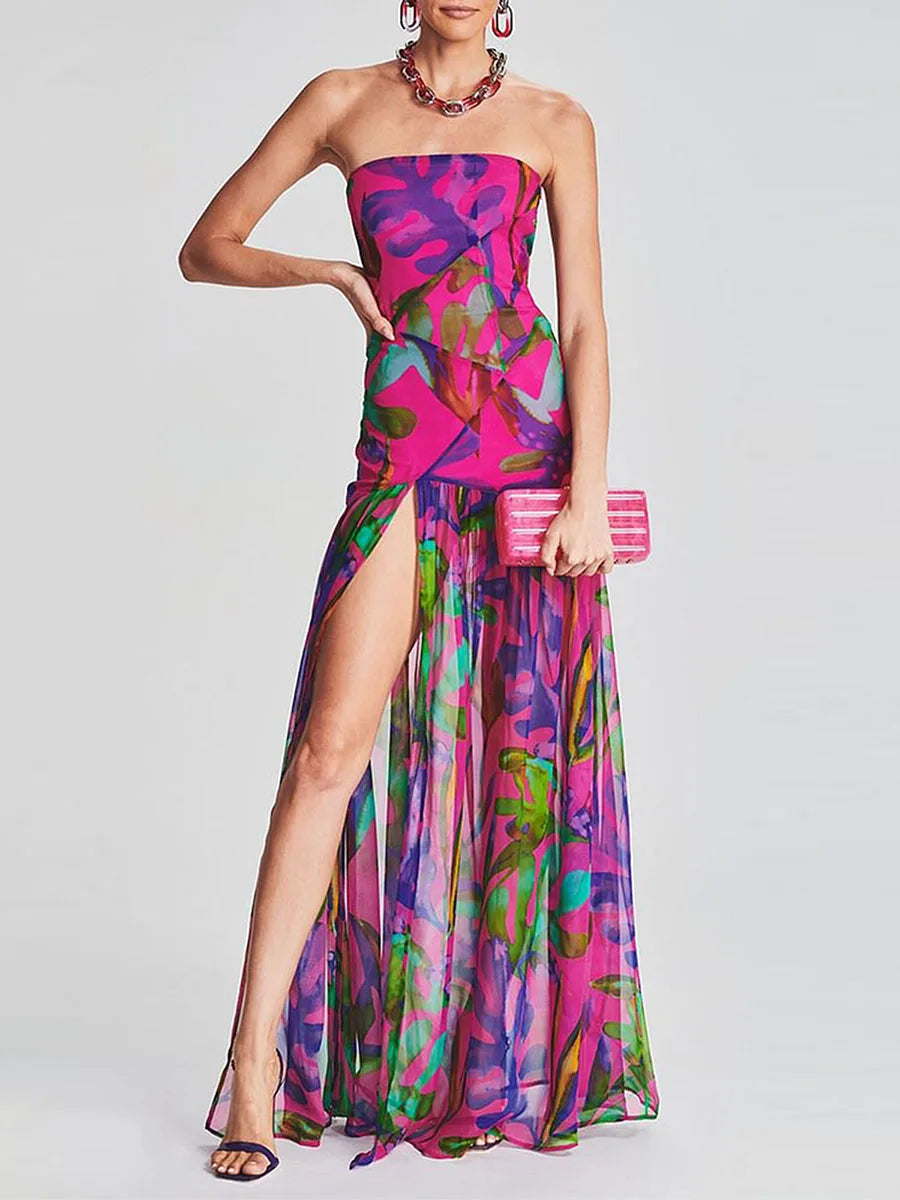JUNO - Strapless Mesh Maxi-jurk