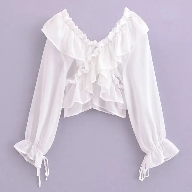 Jacoba - Damesblouse met ruches, V-hals en geplooide randen