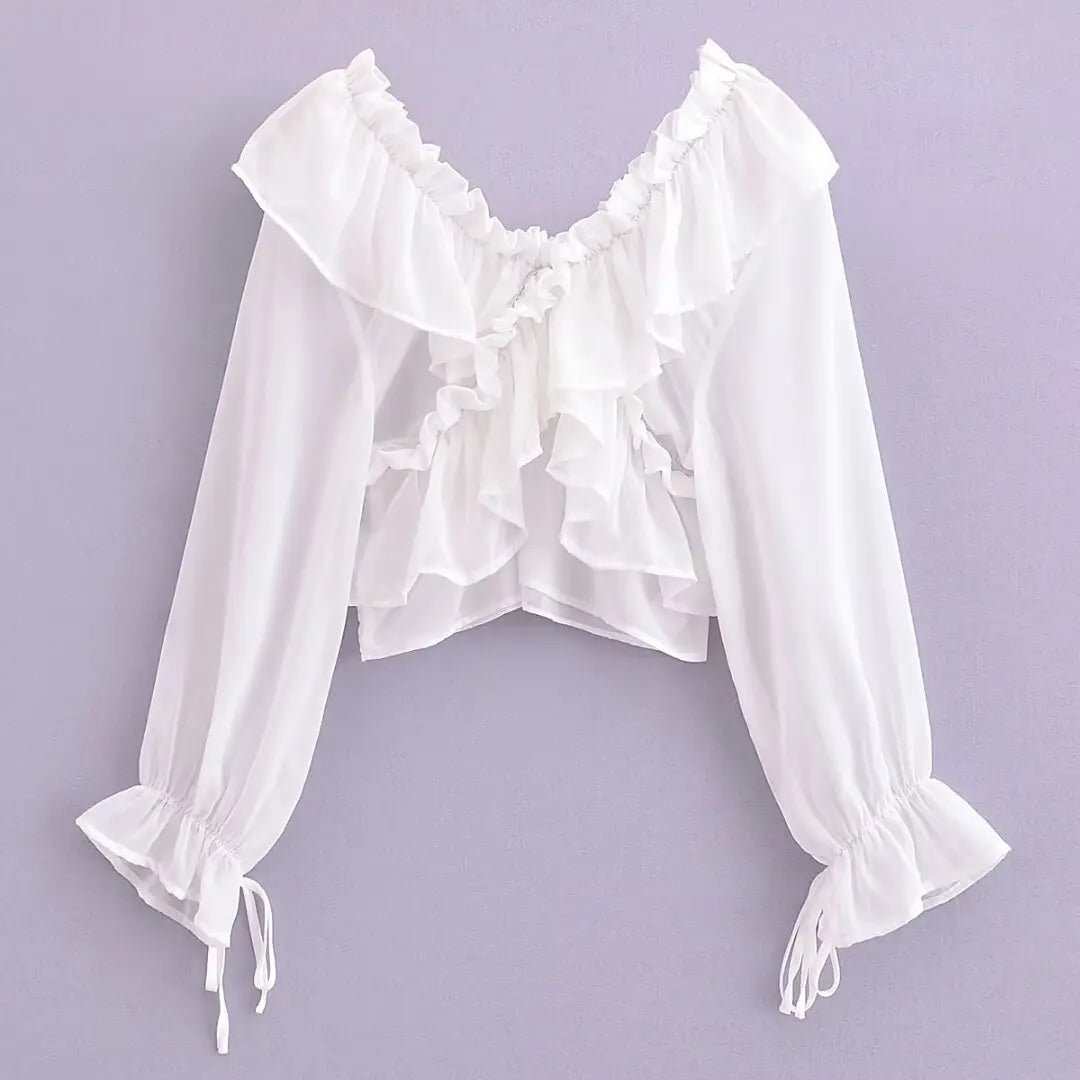 Jacoba - Damesblouse met ruches, V-hals en geplooide randen