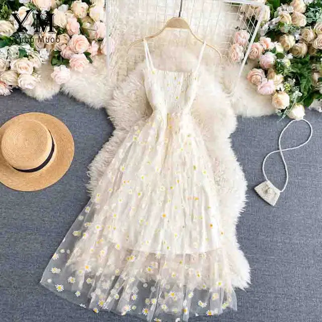 Diana - Dames Zomer Mesh Feestjurk met Madeliefjes Bloemenprint en Spaghettibandjes