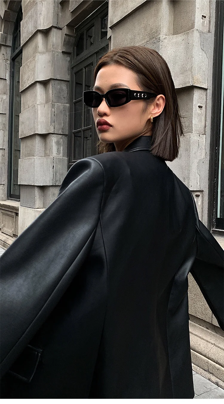 TOOS - Dames losvallende enkele rij casual PU-leren blazer met lange mouwen