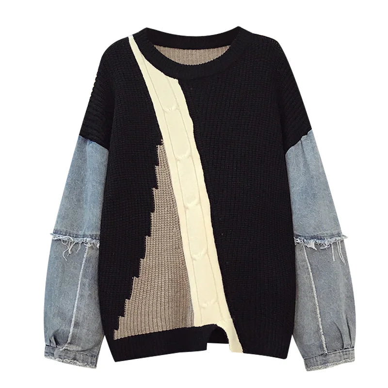 Romina - Hippe Hip-Hop Denim Stitching Sweater