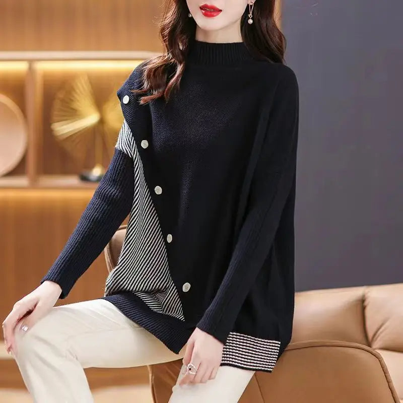 Pallas - Stijlvolle Gesplitste Knoop Gestreepte Asymmetrische Sweater