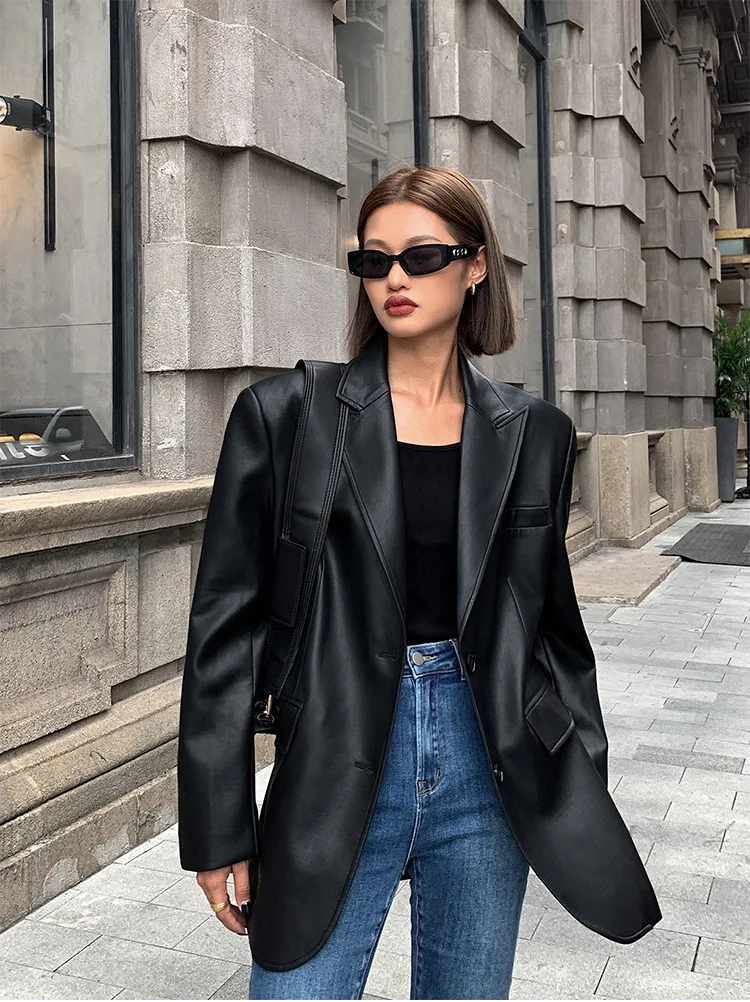 TOOS - Dames losvallende enkele rij casual PU-leren blazer met lange mouwen