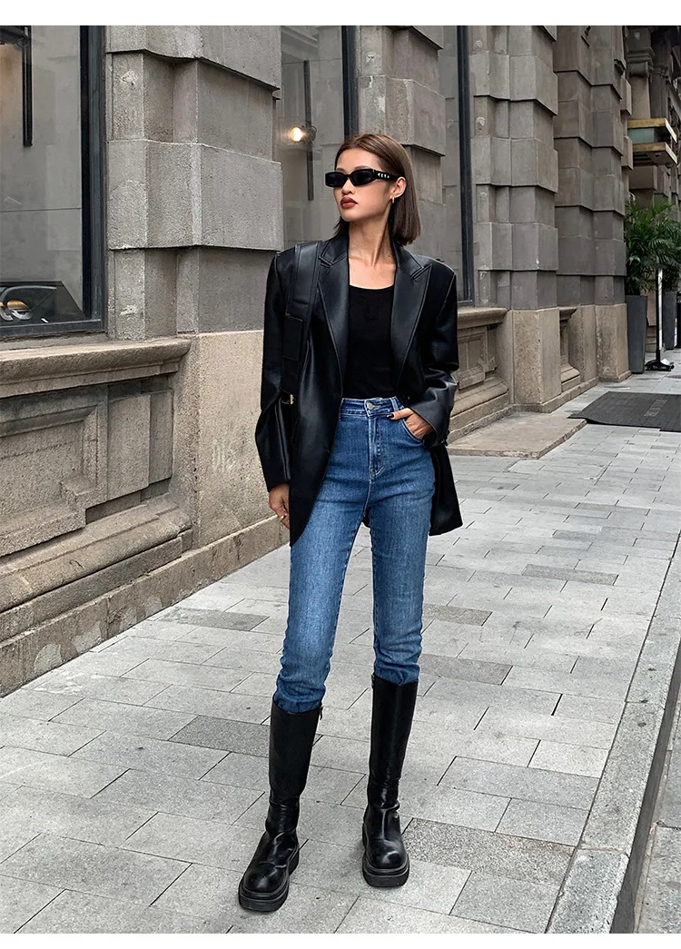 TOOS - Dames losvallende enkele rij casual PU-leren blazer met lange mouwen
