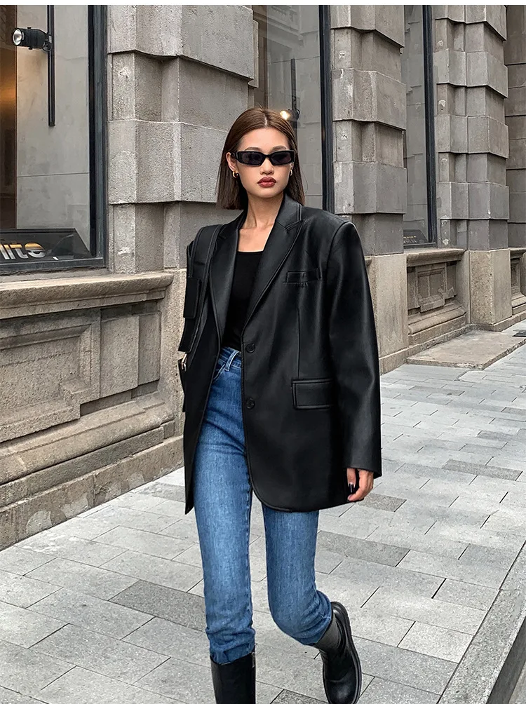 TOOS - Dames losvallende enkele rij casual PU-leren blazer met lange mouwen