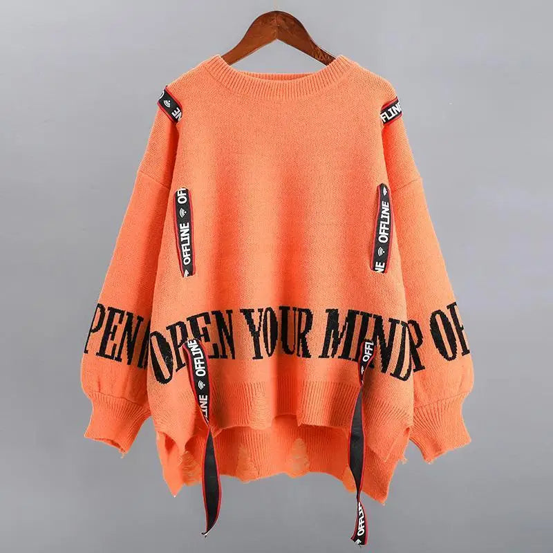 Queenie - Knusse Herfst Winter Straat stijl Letter Split gebreide trui voor vrouwen