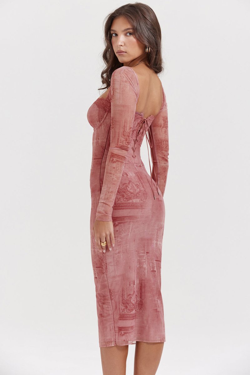 HELEEN - Mooie roze bodycon-jurk met vierkante halslijn en strikdetail op rug