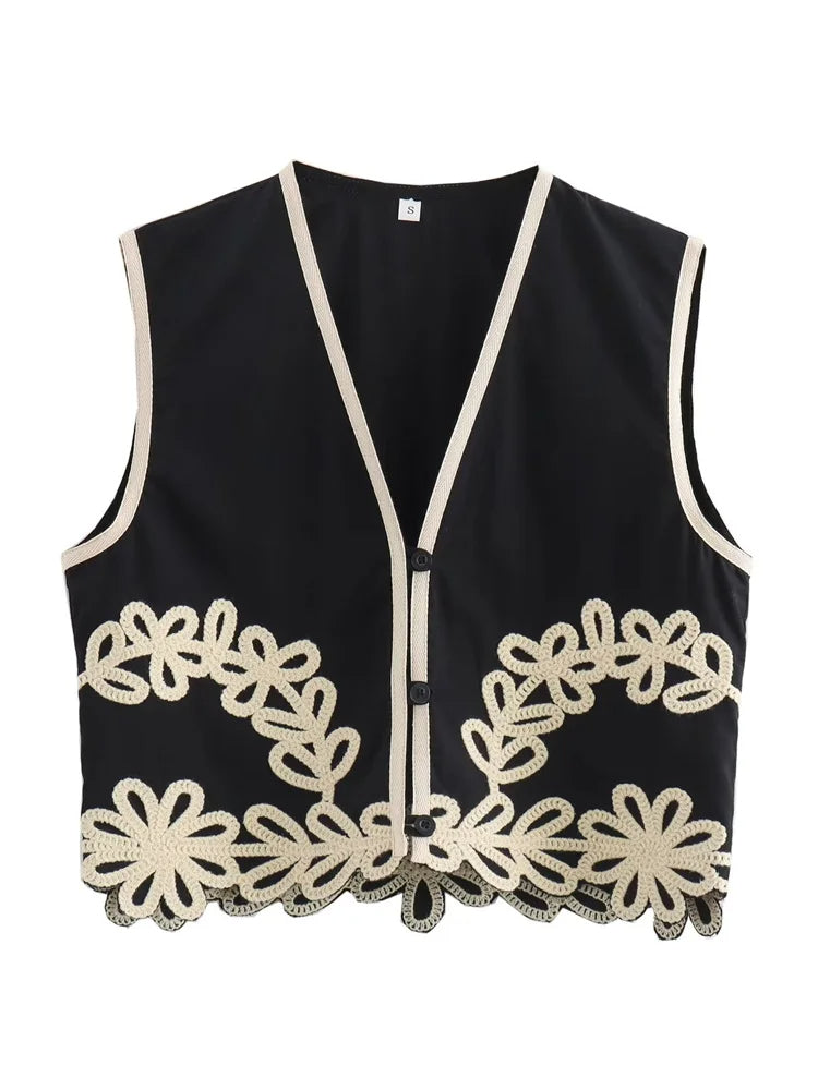 Kezia - Elegant damesvest met V-hals en bloemenapplicatie en borduursel
