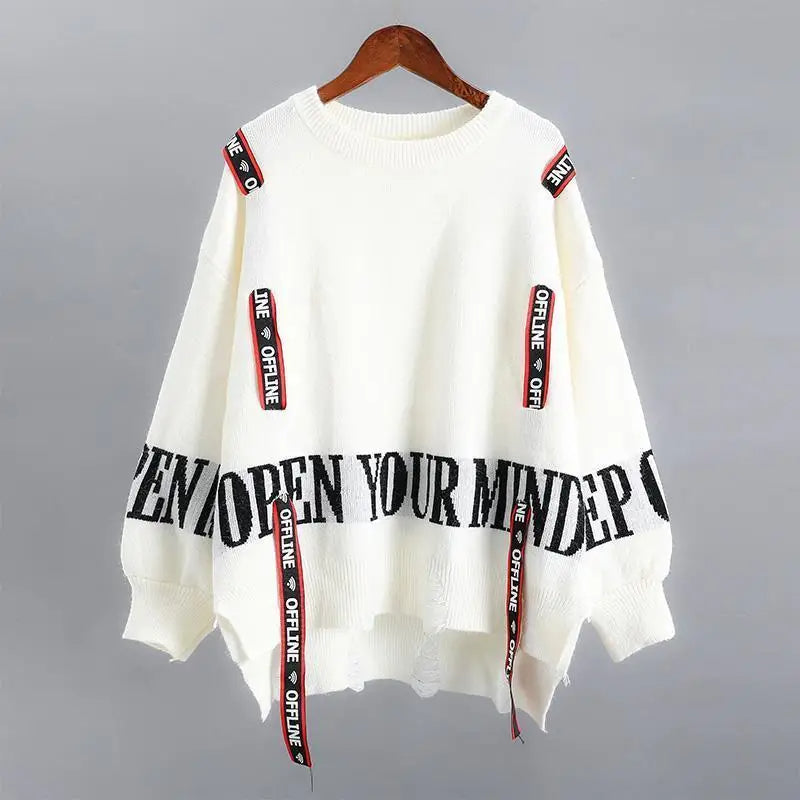 Queenie - Knusse Herfst Winter Straat stijl Letter Split gebreide trui voor vrouwen