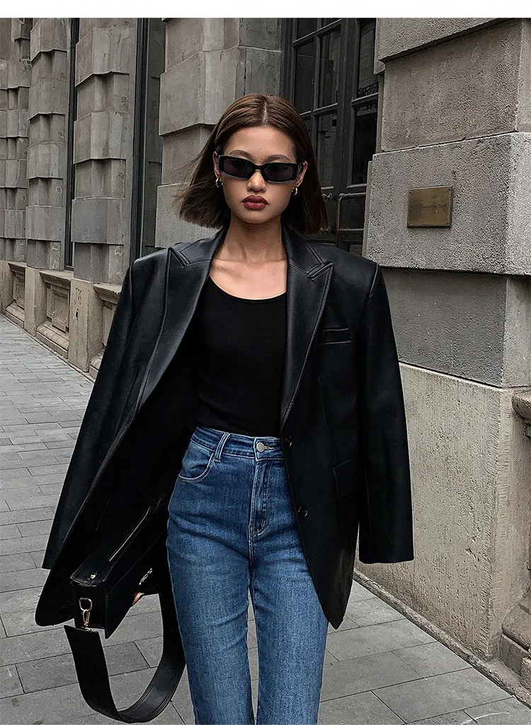 TOOS - Dames losvallende enkele rij casual PU-leren blazer met lange mouwen