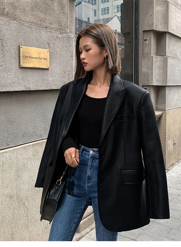 TOOS - Dames losvallende enkele rij casual PU-leren blazer met lange mouwen