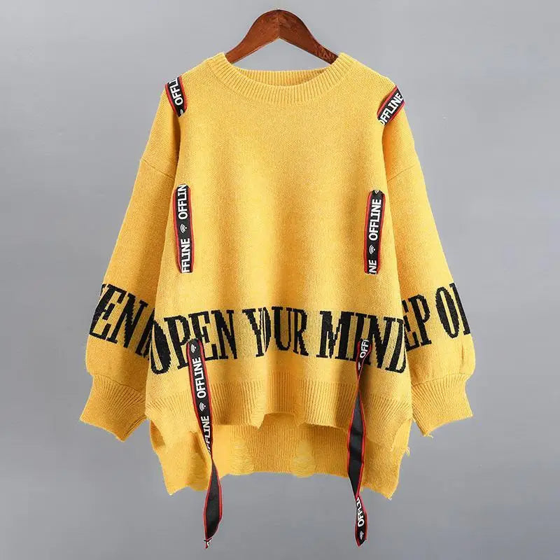 Queenie - Knusse Herfst Winter Straat stijl Letter Split gebreide trui voor vrouwen